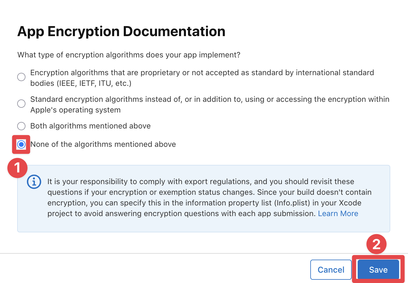 App Store Connect save compliance information