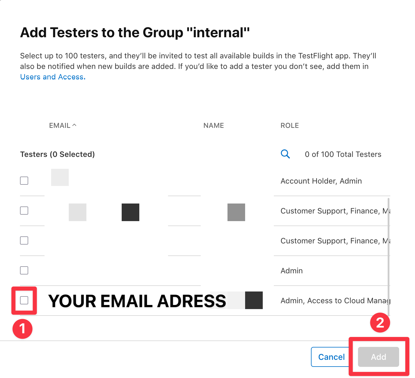 App Store Connect invite tester checkbox