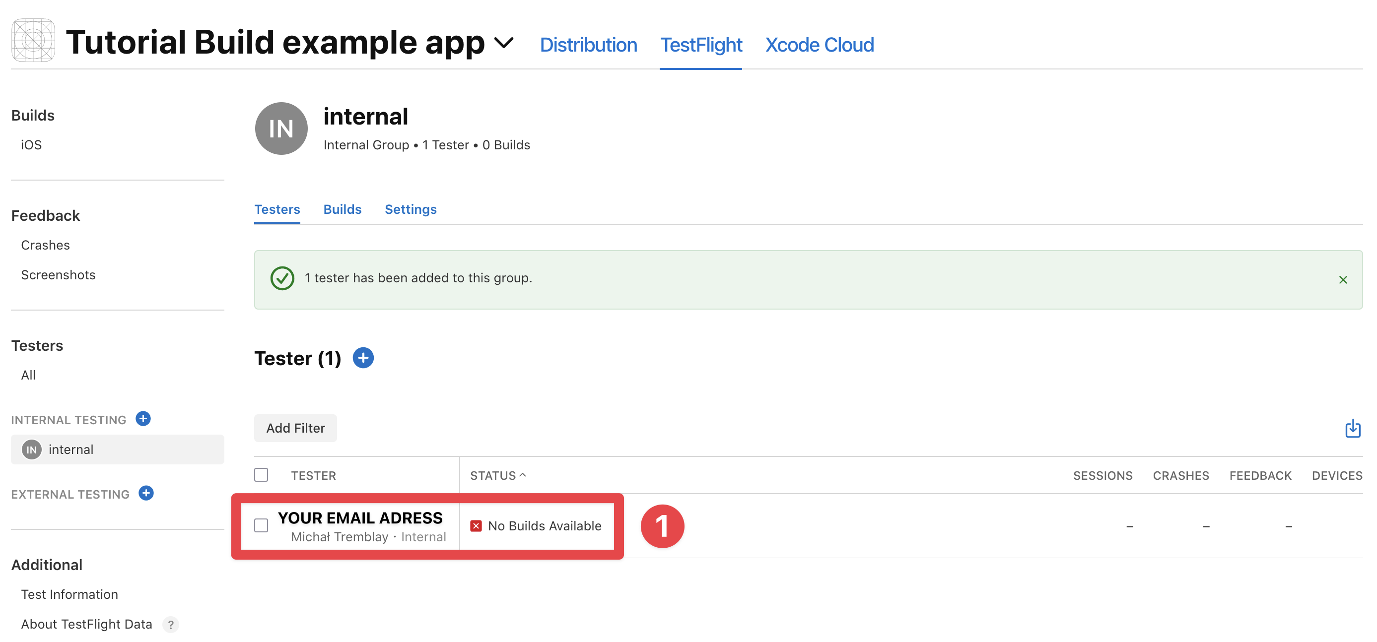 App Store Connect verify tester