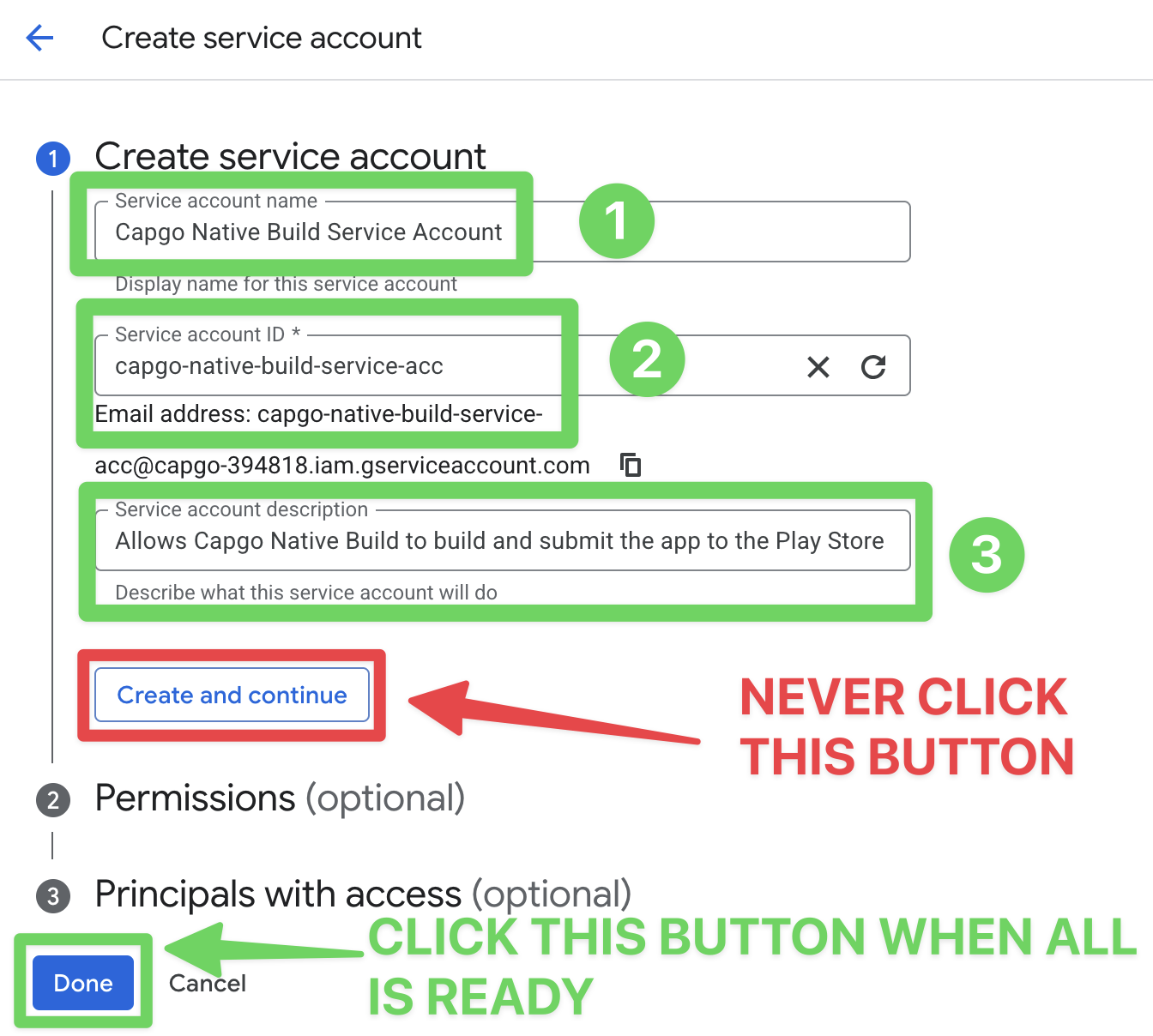 Google Console fill in the form for the service account