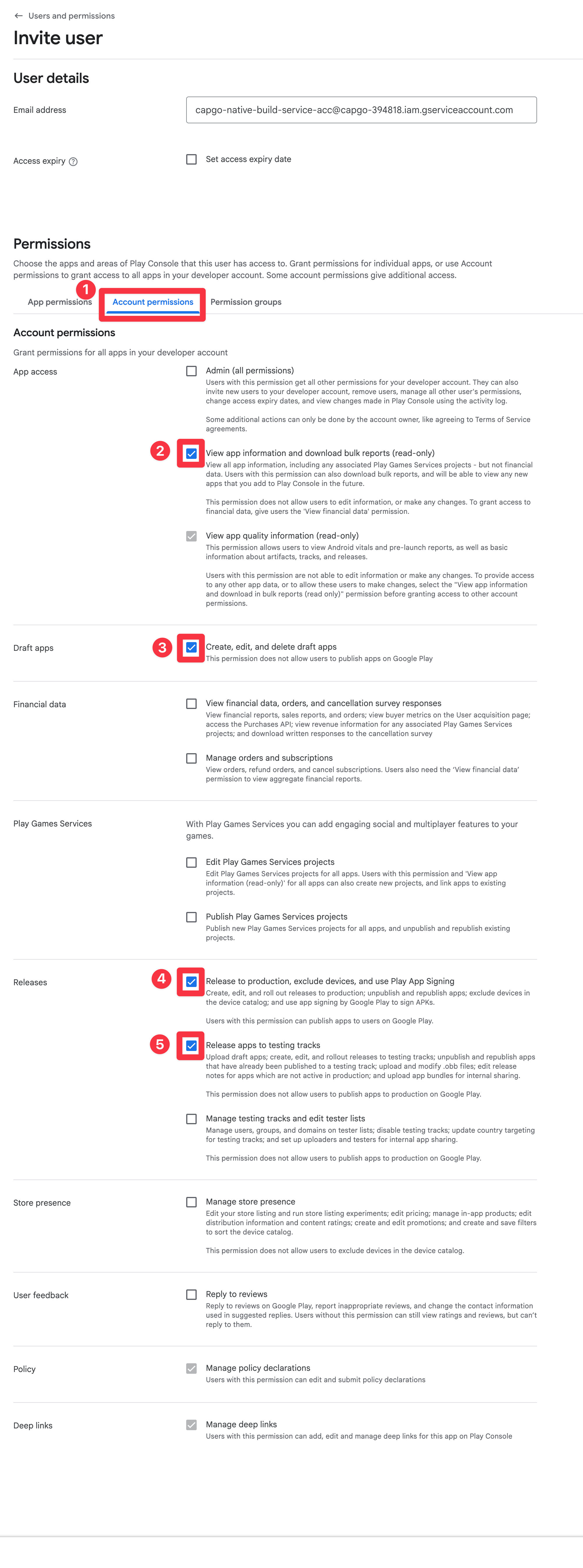Google Play Console grant permissions