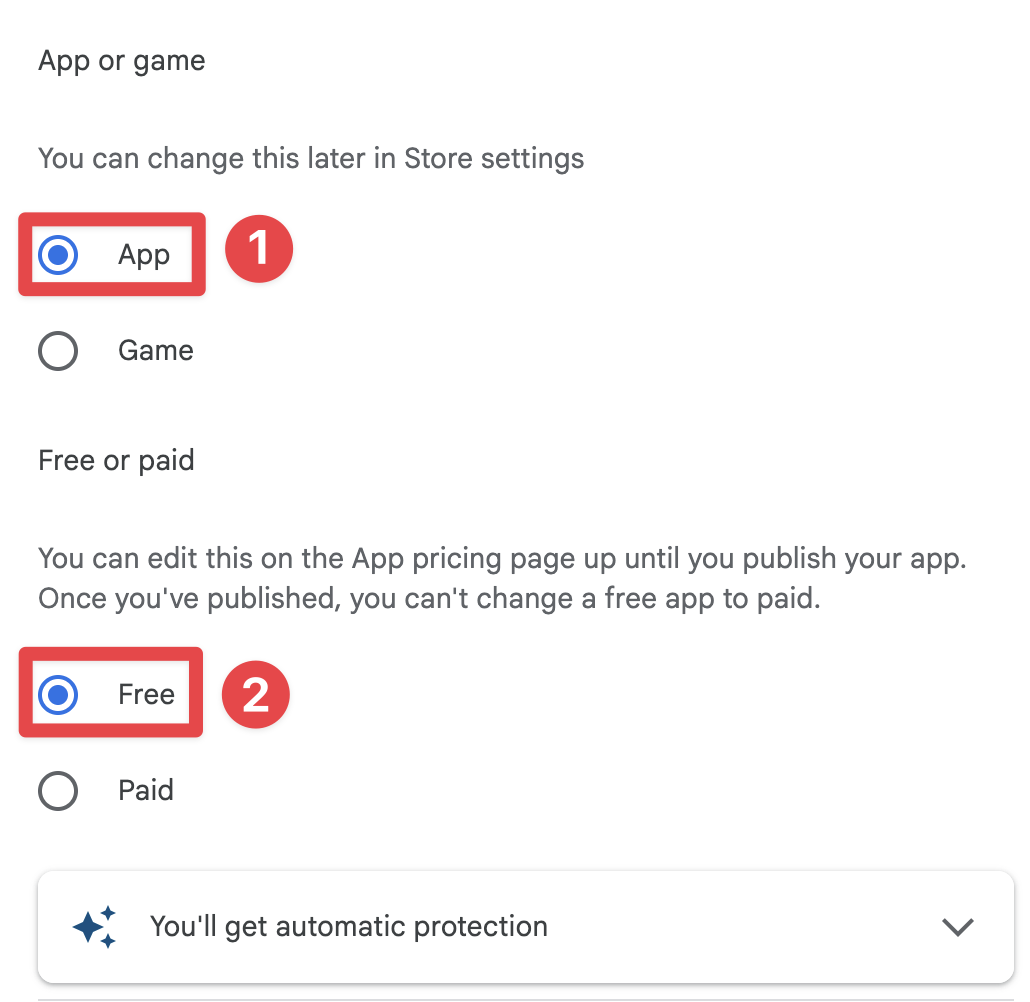 Google Play Console select the app category and if the app is paid or free