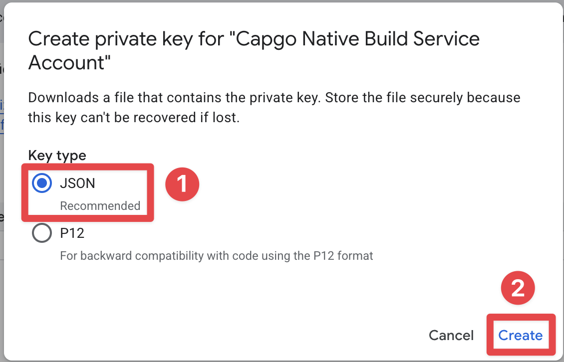 Create Key button in Google Console