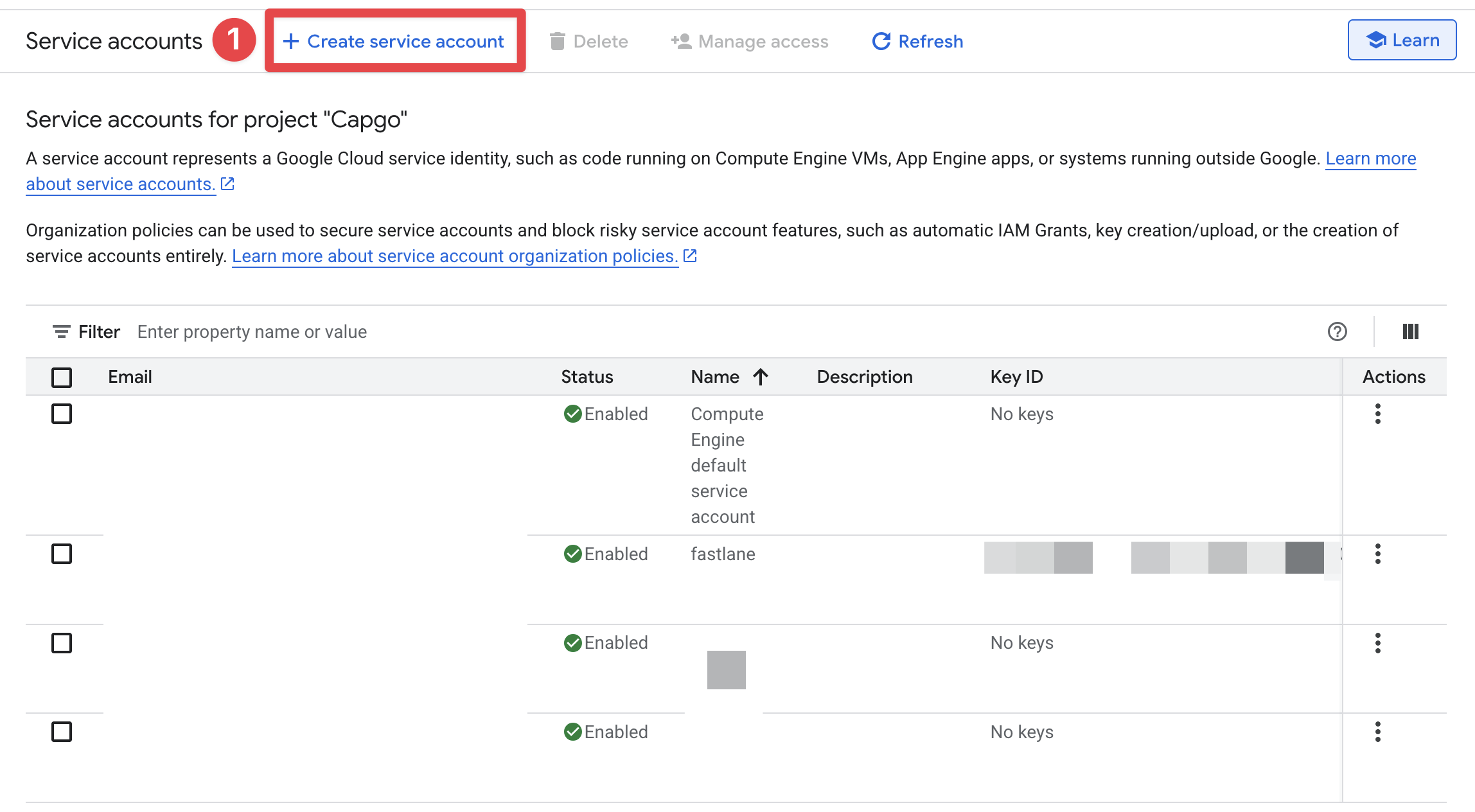 Create Service Account button in Google Console