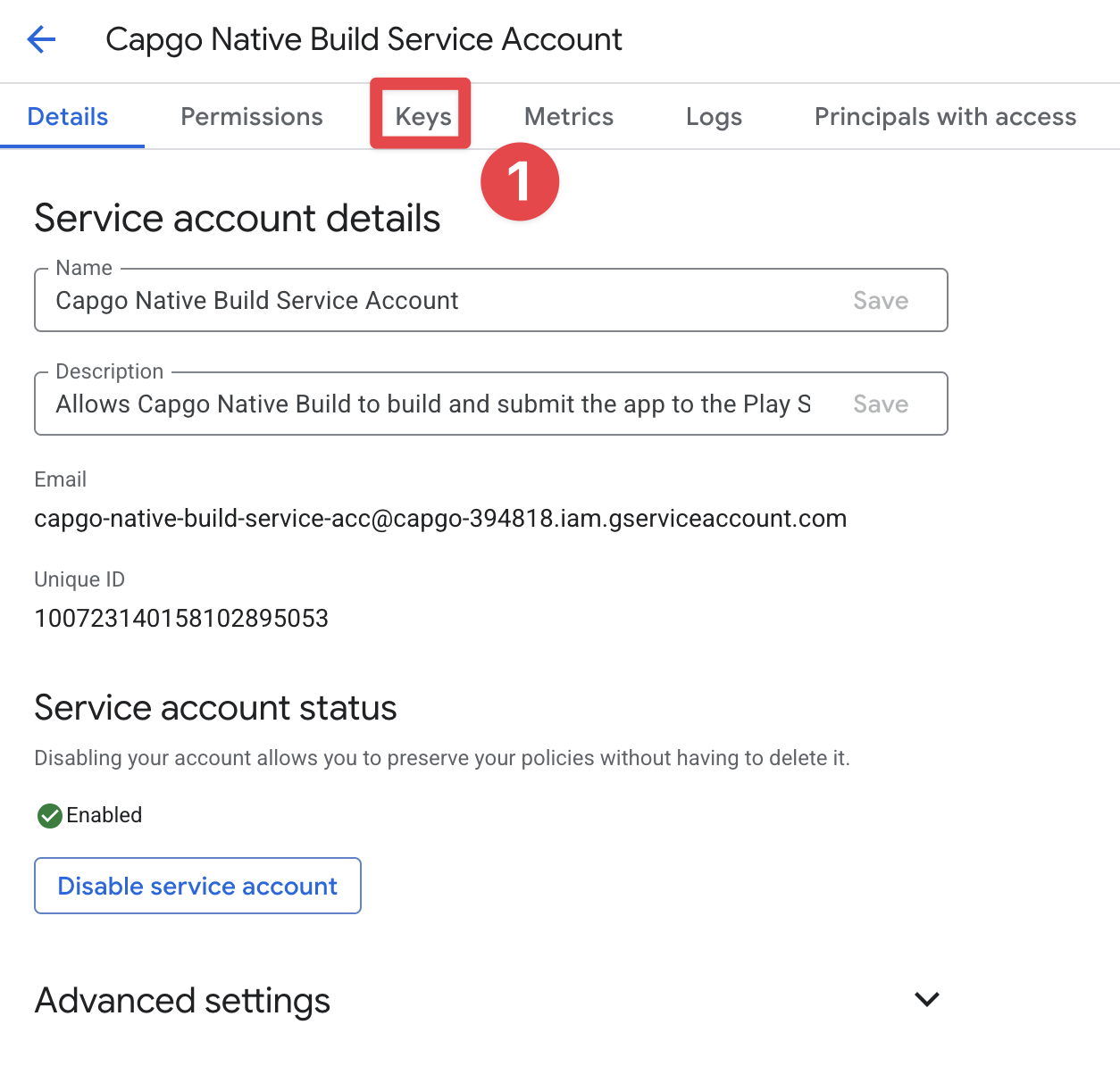 Keys tab in Google Console