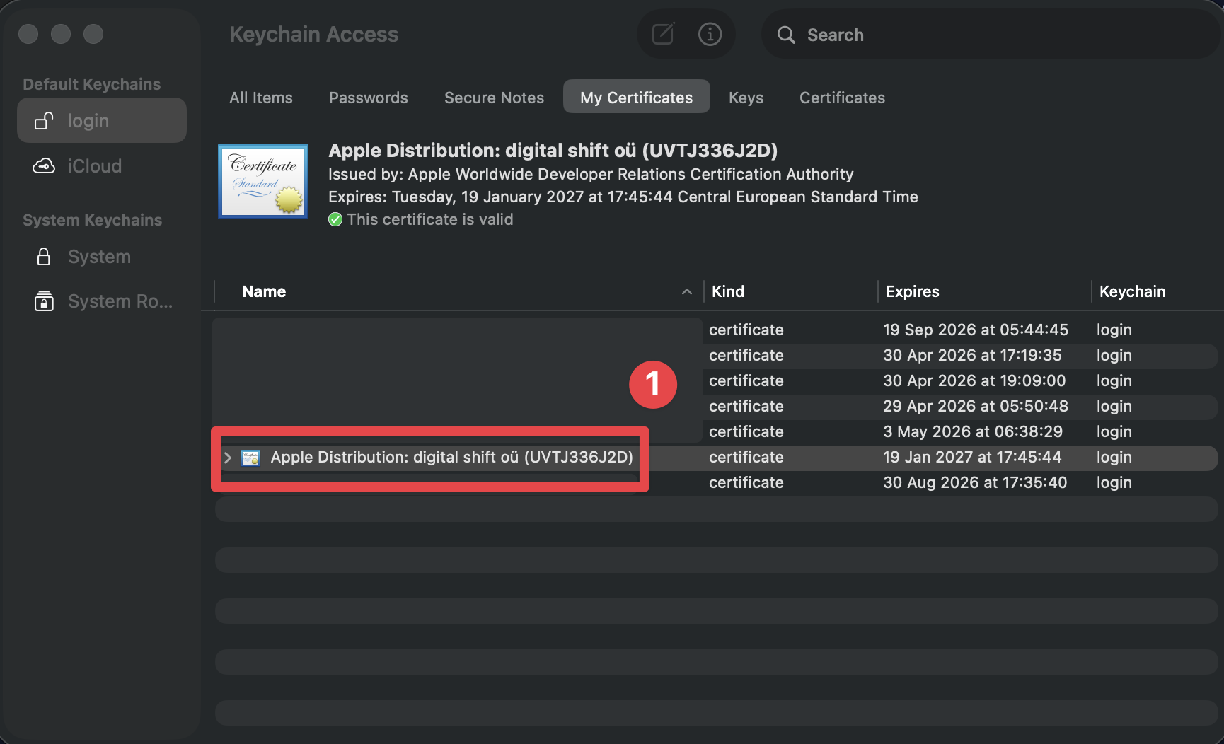 Keychain Access find certificate