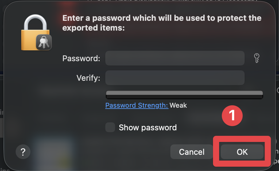 Keychain Access save certificate password dialog