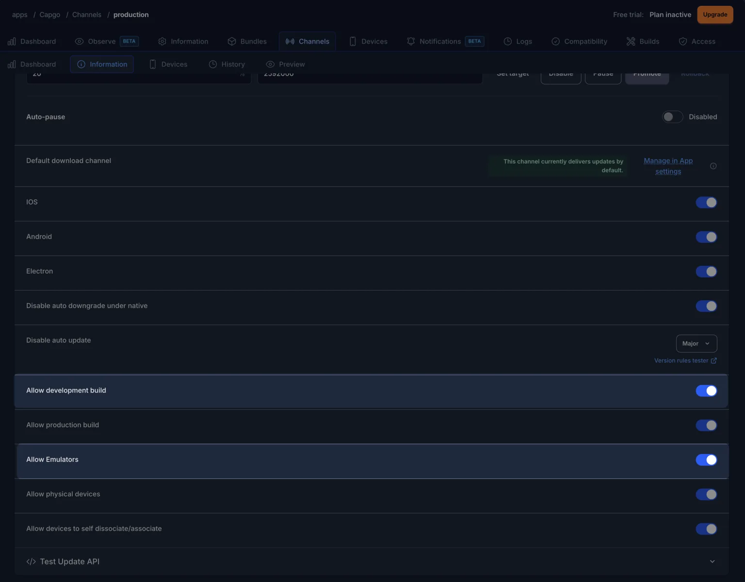 Capgo channel Information tab showing the Allow development build and Allow Emulators settings