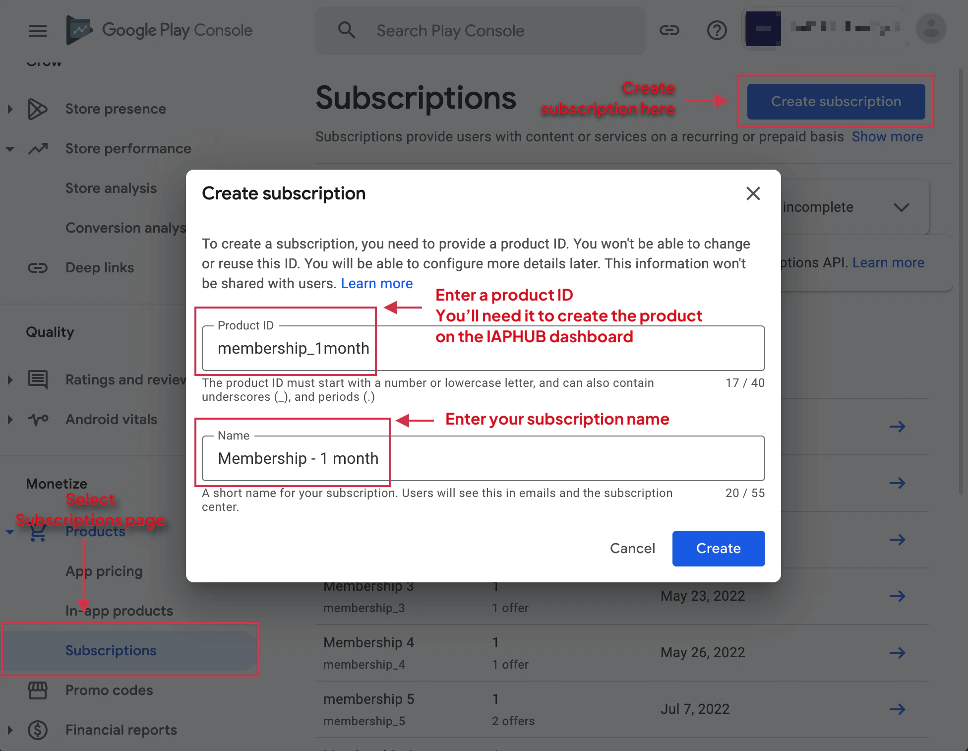 Navigate to subscriptions