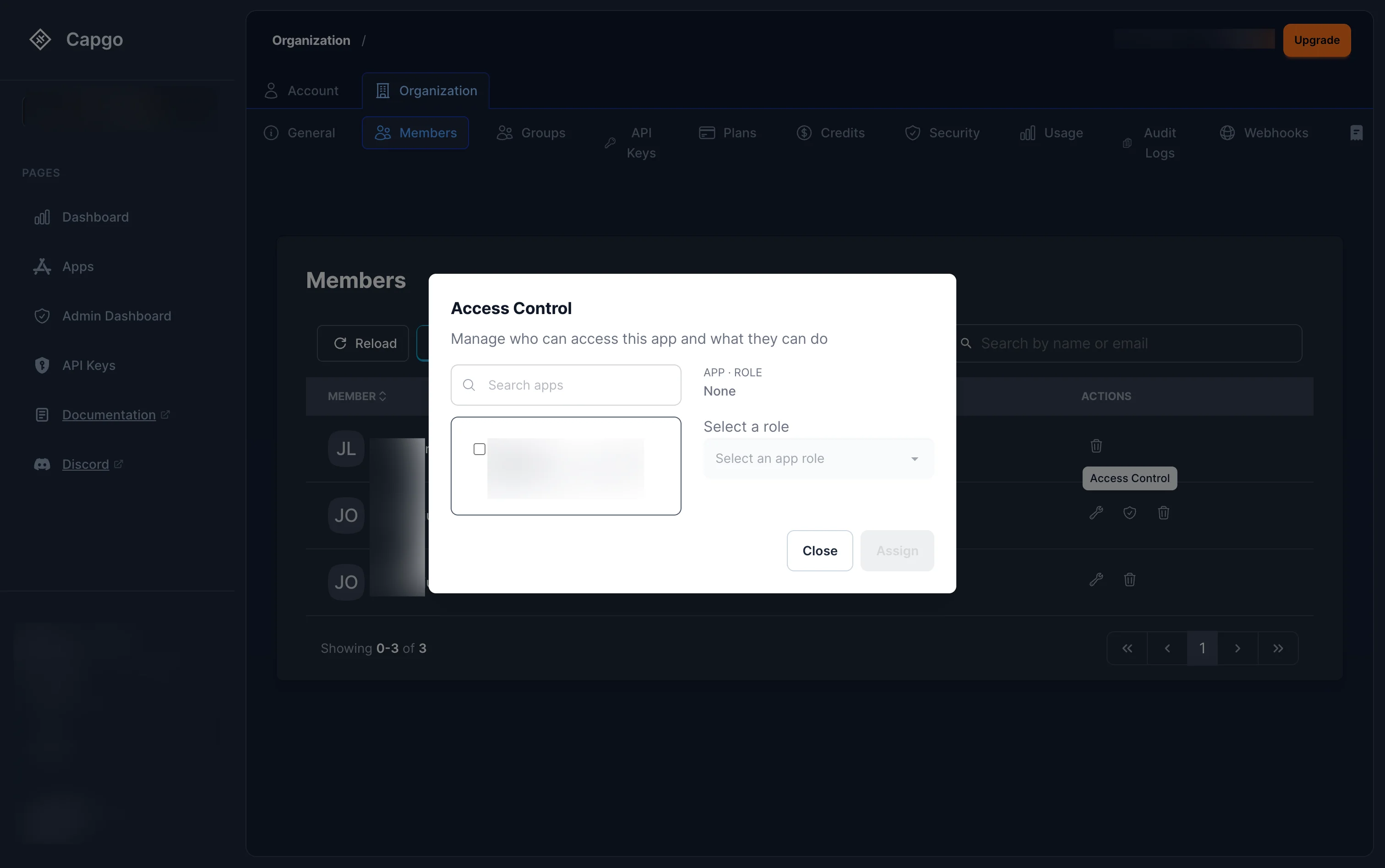 Access Control modal