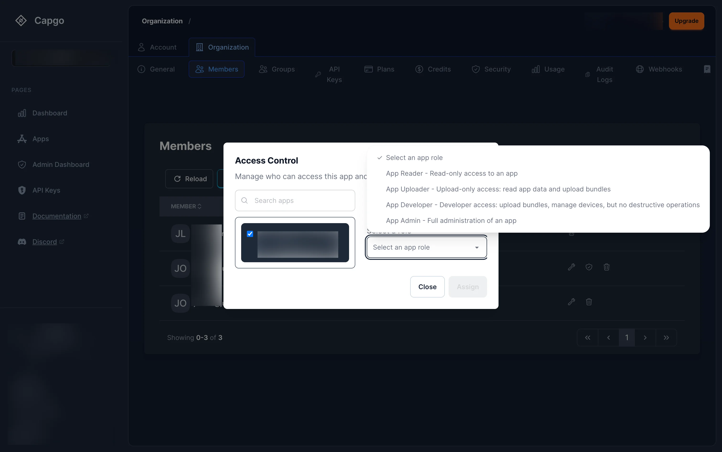 App role dropdown