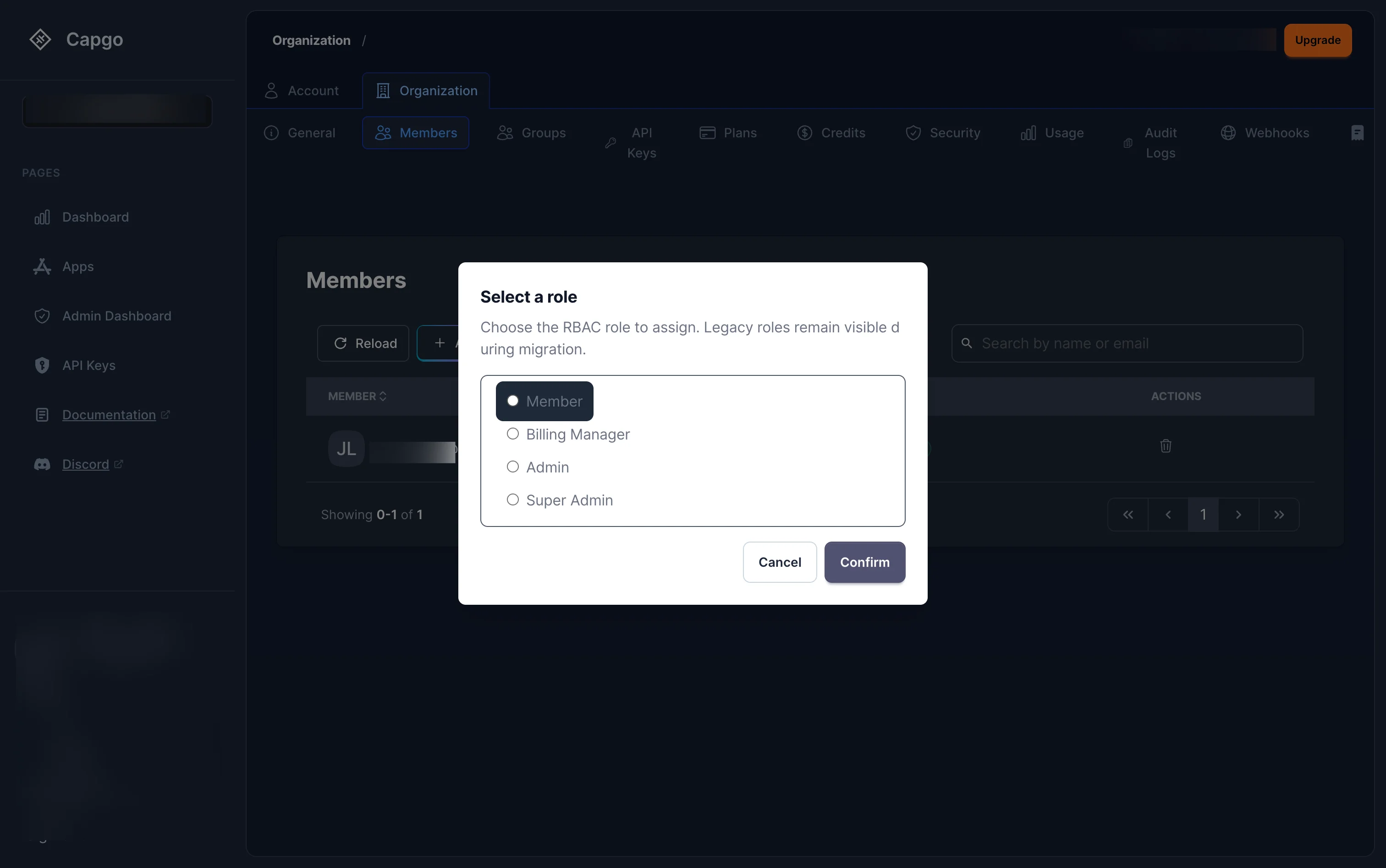 Select a role modal