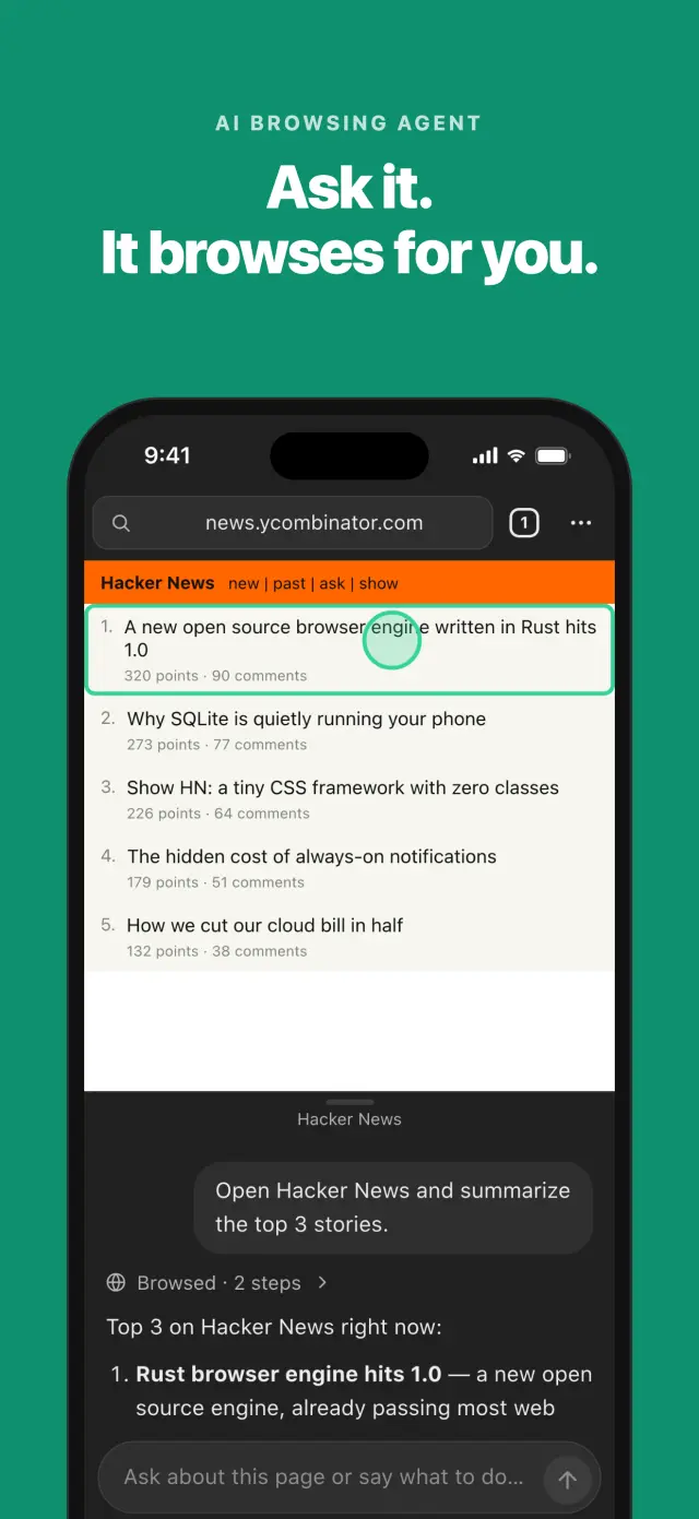 Auto Browse summarizing the top Hacker News stories in a chat under the open page
