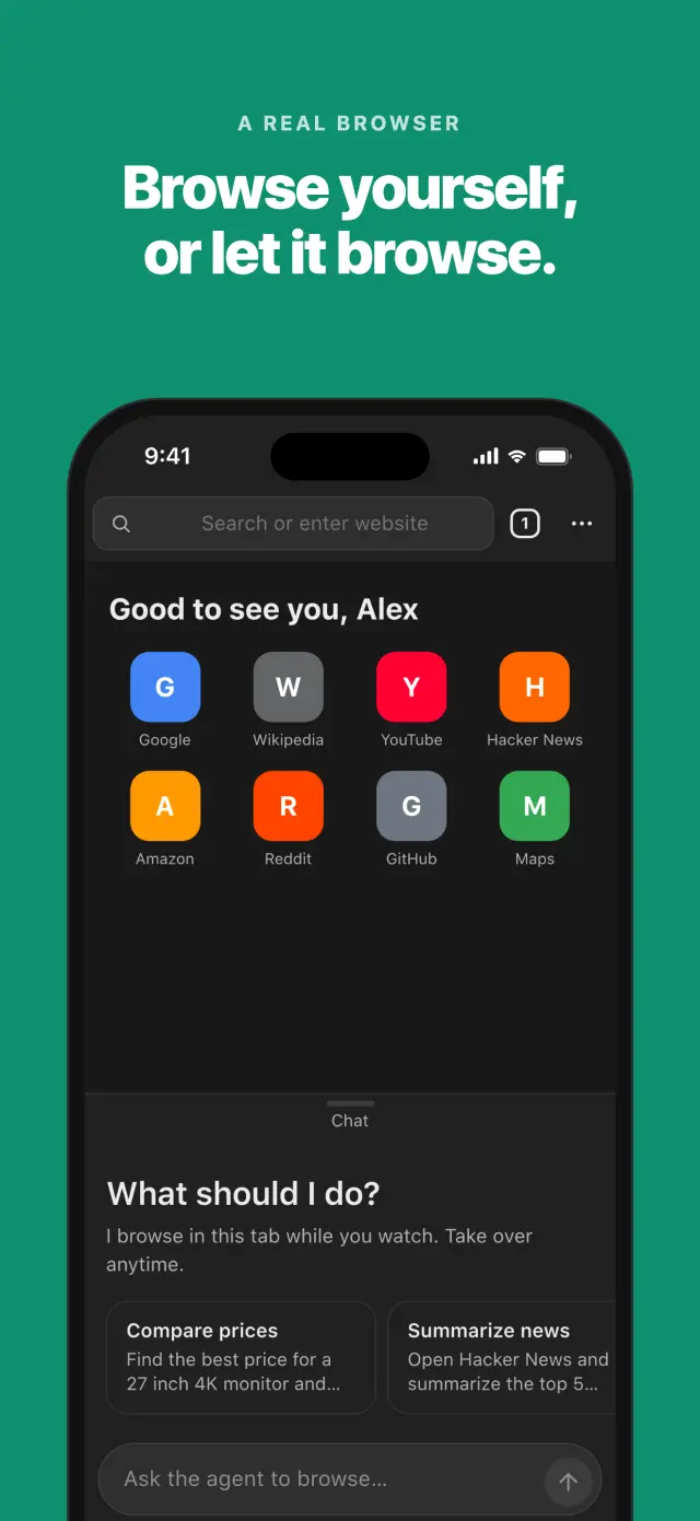 Auto Browse home with site shortcuts and a chat that can browse the current tab