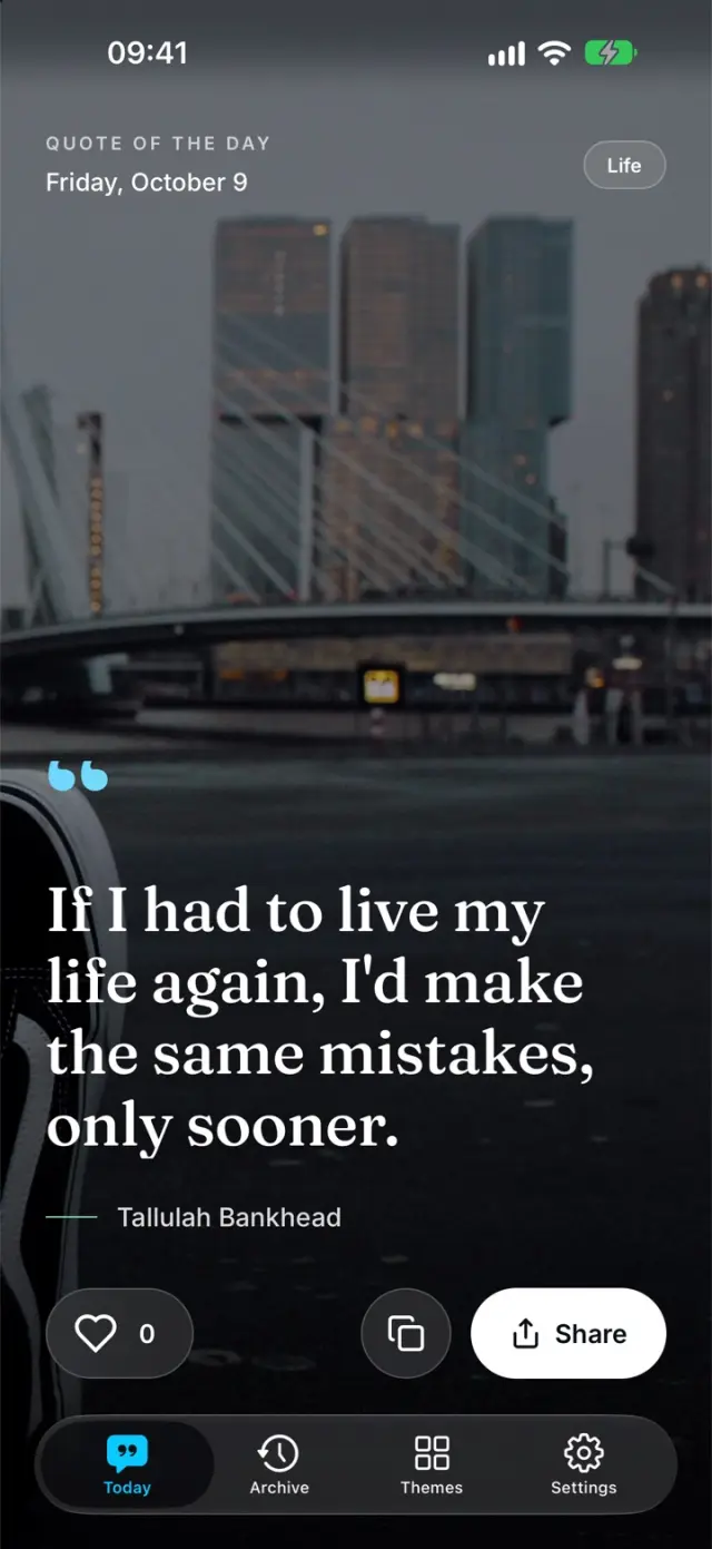 BeWise quote of the day over a city photo, with like, copy, and share actions