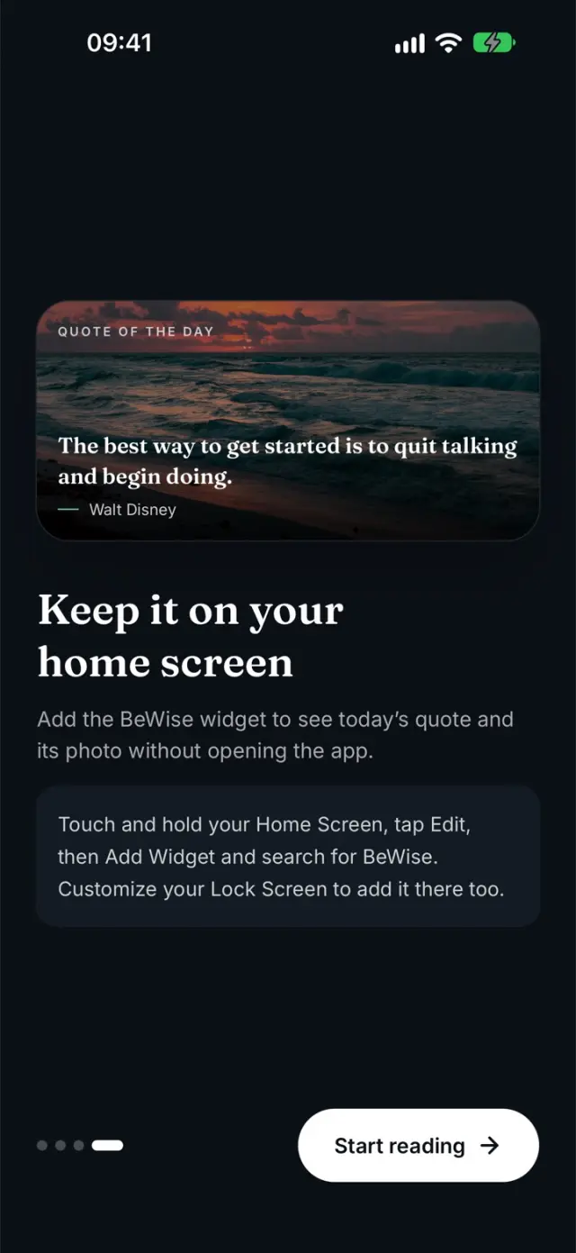 BeWise screen explaining the quote-of-the-day Home Screen widget