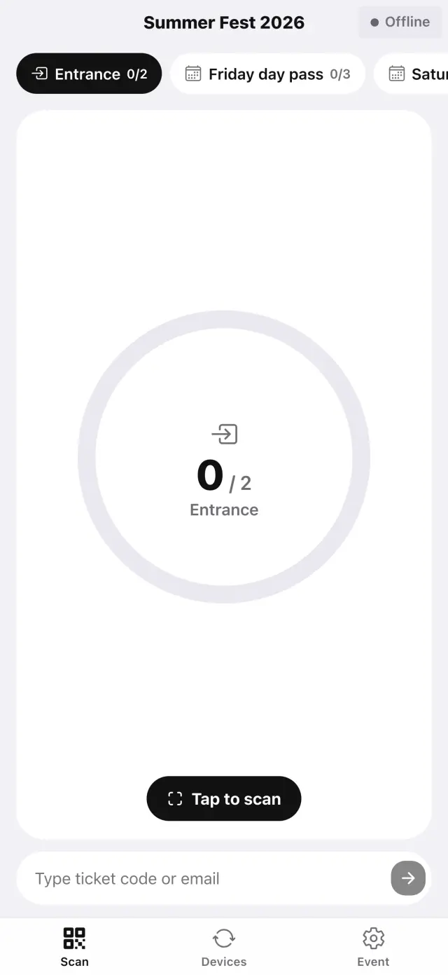 Simple Fest entrance scanner for Summer Fest 2026, offline, with a tap-to-scan button
