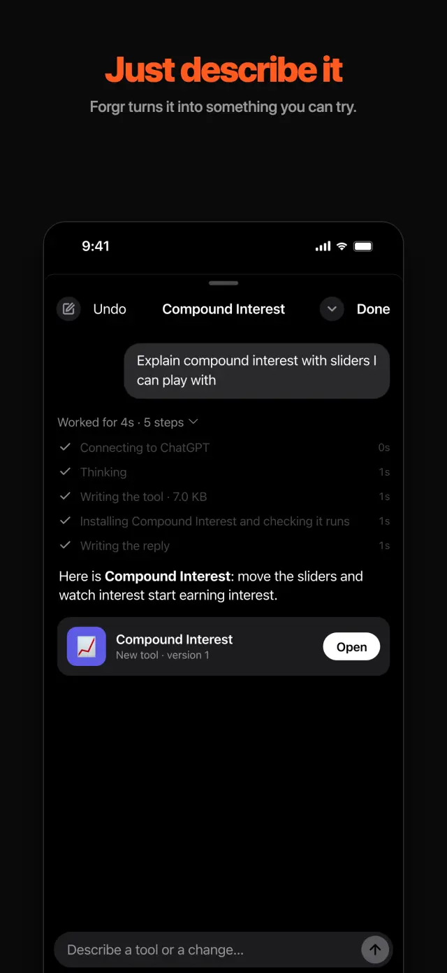 Forgr chat turning a request about compound interest into a new tool with sliders