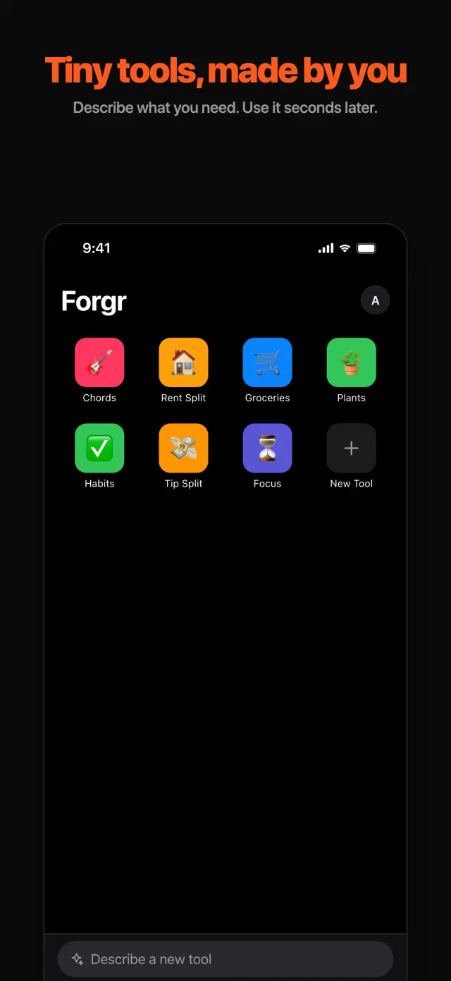 Forgr home grid of personal tools: Chords, Rent Split, Groceries, Plants, Habits, Tip Split, and Focus