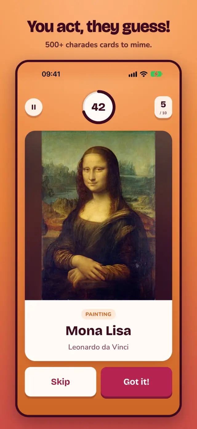 Mimesis charades card for the Mona Lisa, with a 42-second timer and a Got it button