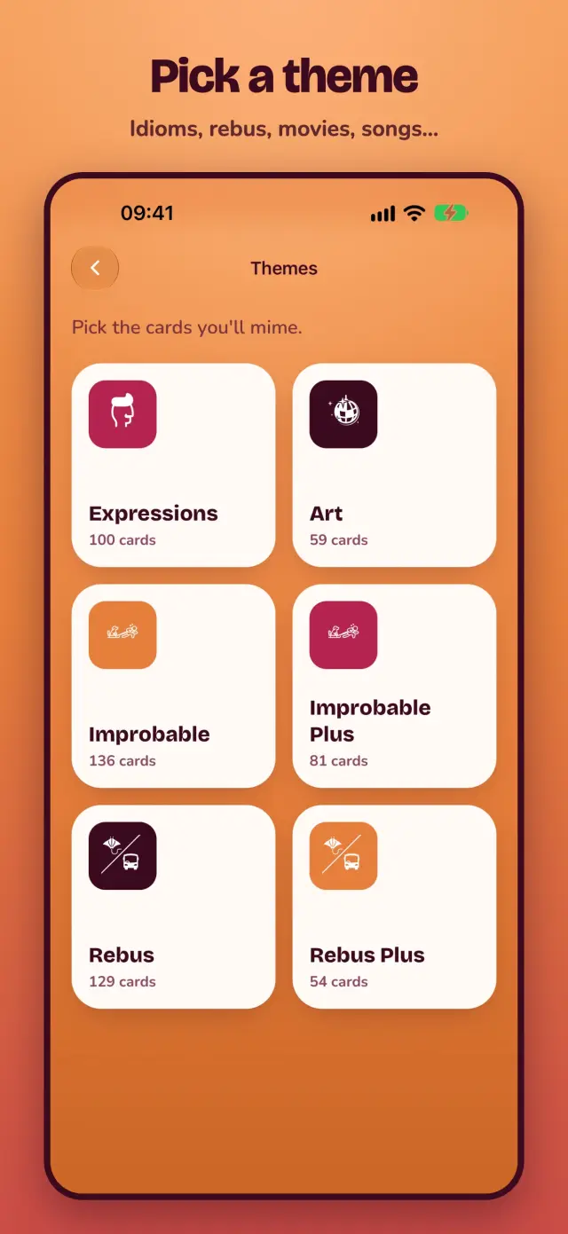 Mimesis theme picker with Expressions, Art, Improbable, and Rebus decks