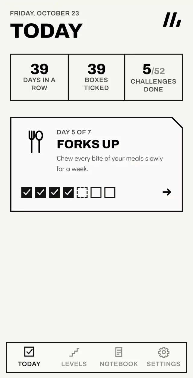 Monday Quest today screen with a streak, 5 of 52 challenges done, and the Forks Up meal challenge