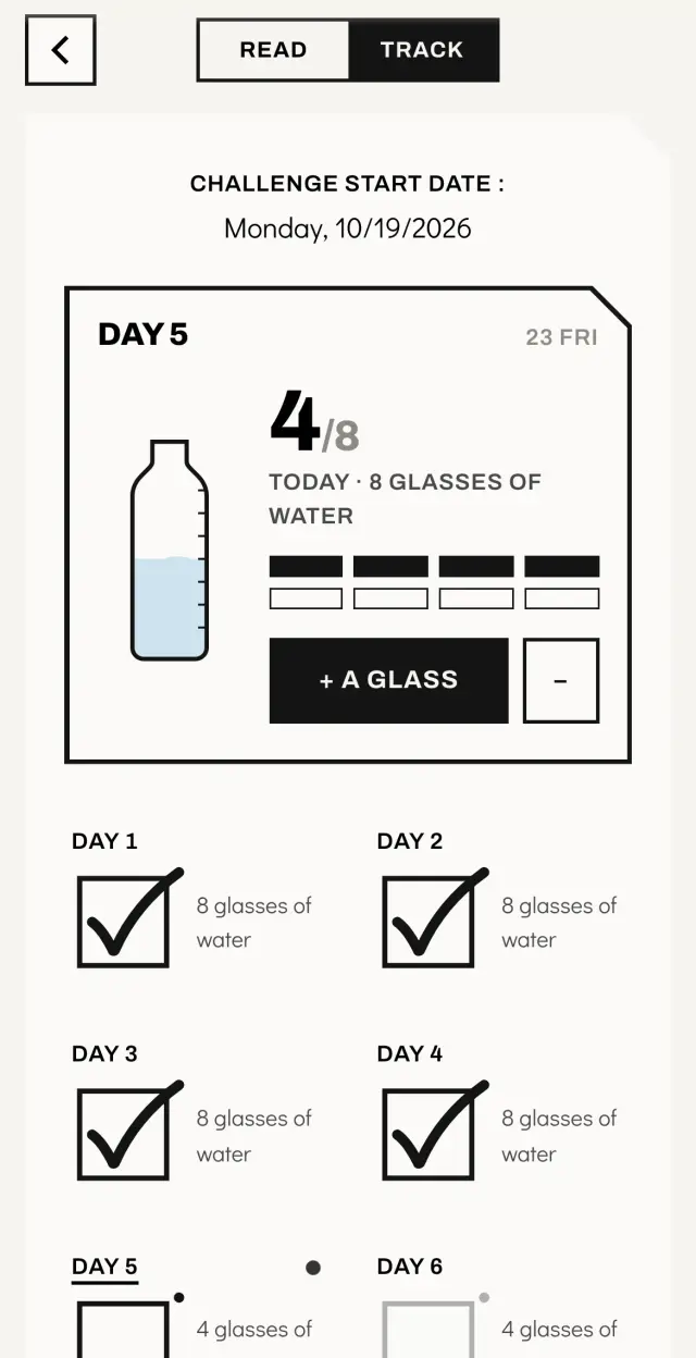 Monday Quest water tracker on day 5, four of eight glasses logged