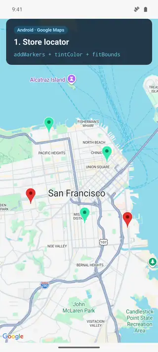 Android emulator recording with Google Maps: store locator pins, delivery zones, a route, 500 clustered markers, a tilted 3D camera, and satellite map types