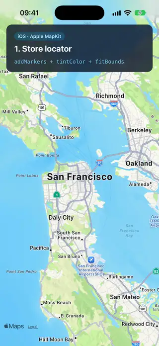 iOS simulator recording with Apple MapKit: store locator pins, delivery zones, a route, 500 clustered markers, a tilted 3D camera, and satellite map types