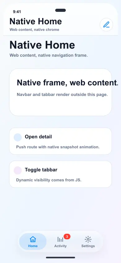 Flusso di tap nativa animato che mostra la selezione di schede, transizione di push e back nativo
