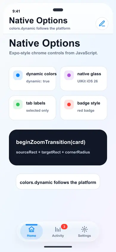 Demo de opciones de navegación nativa animada que muestra colores dinámicos, etiquetas seleccionadas, etiquetas y transiciones de zoom