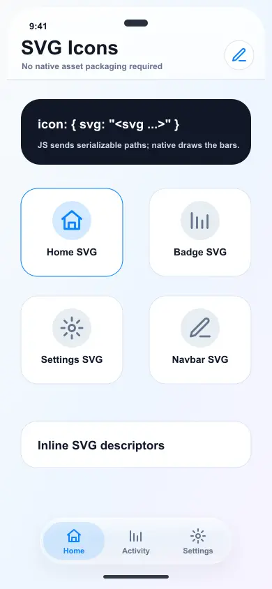 Demo animada de iconos SVG nativos que muestra iconos SVG inline, tinte nativo, etiquetas y selección de pestañas