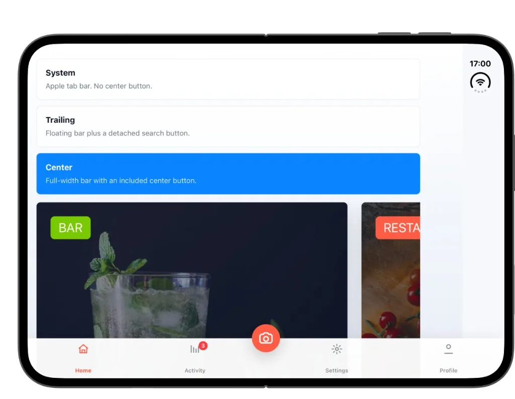 iPhone Duo open with curved bottom tab bar and circular center button