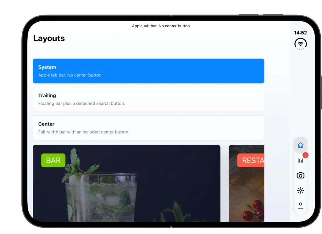 iPhone Duo open in landscape with the system tab bar as a vertical side rail