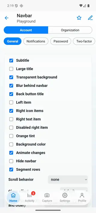 Android-Aufzeichnung: Segmentiertes Konto-/Organisations-Row über scrollende Abschnittschips, wechseln Sie den Scope und wählen Sie Rechnung