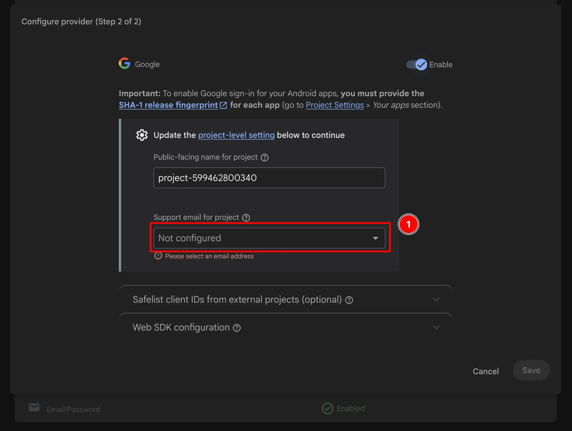 Firebase add support email
