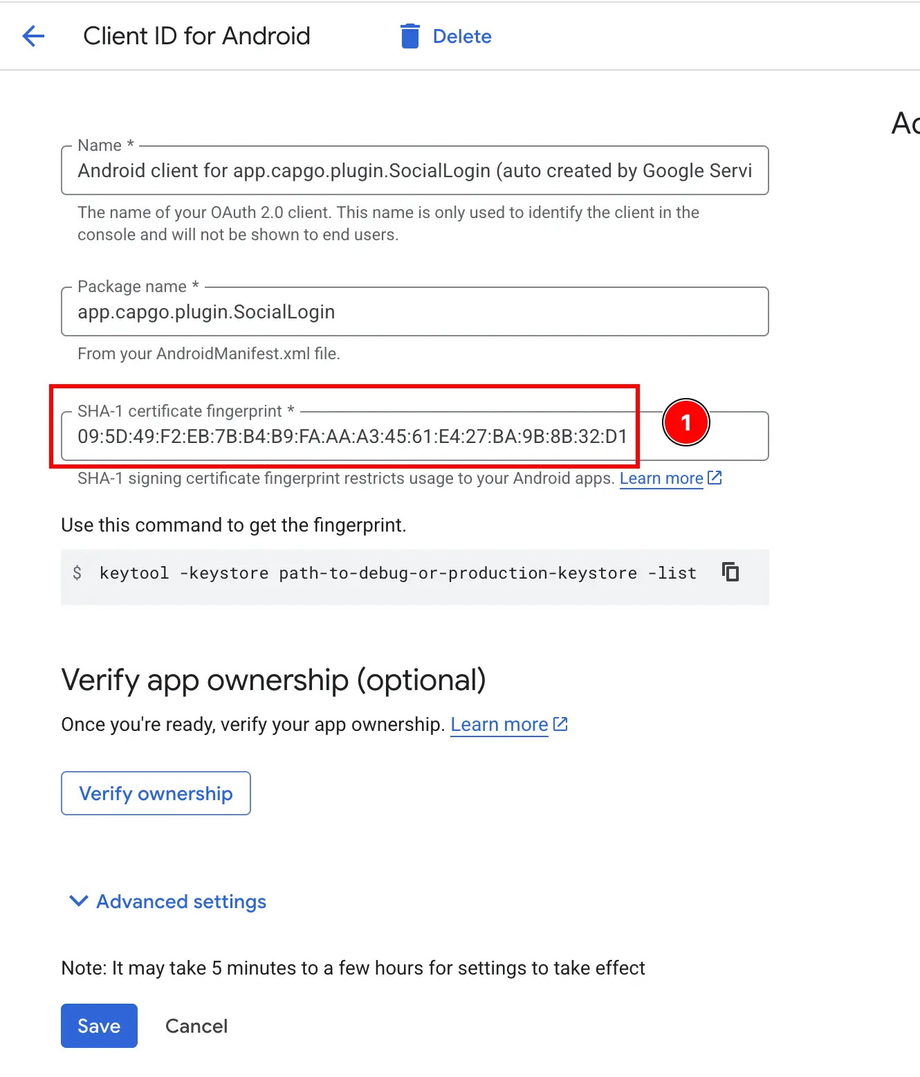 Google Cloud Console Android App SHA1 Configured