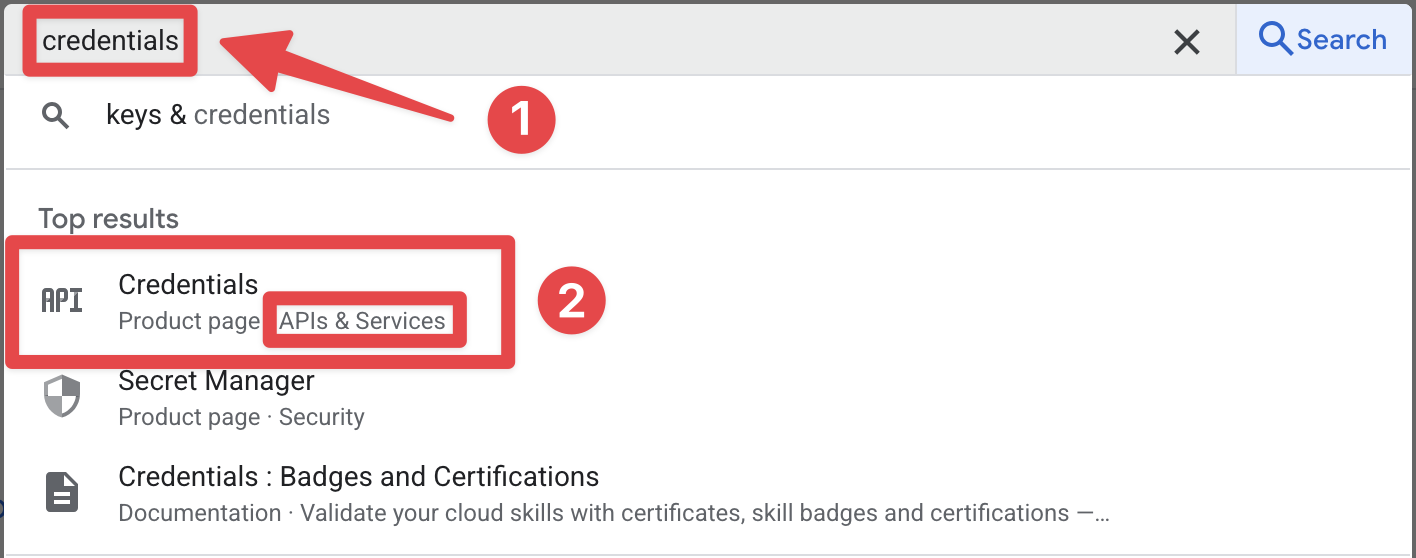 Google Cloud Console Credentials Search