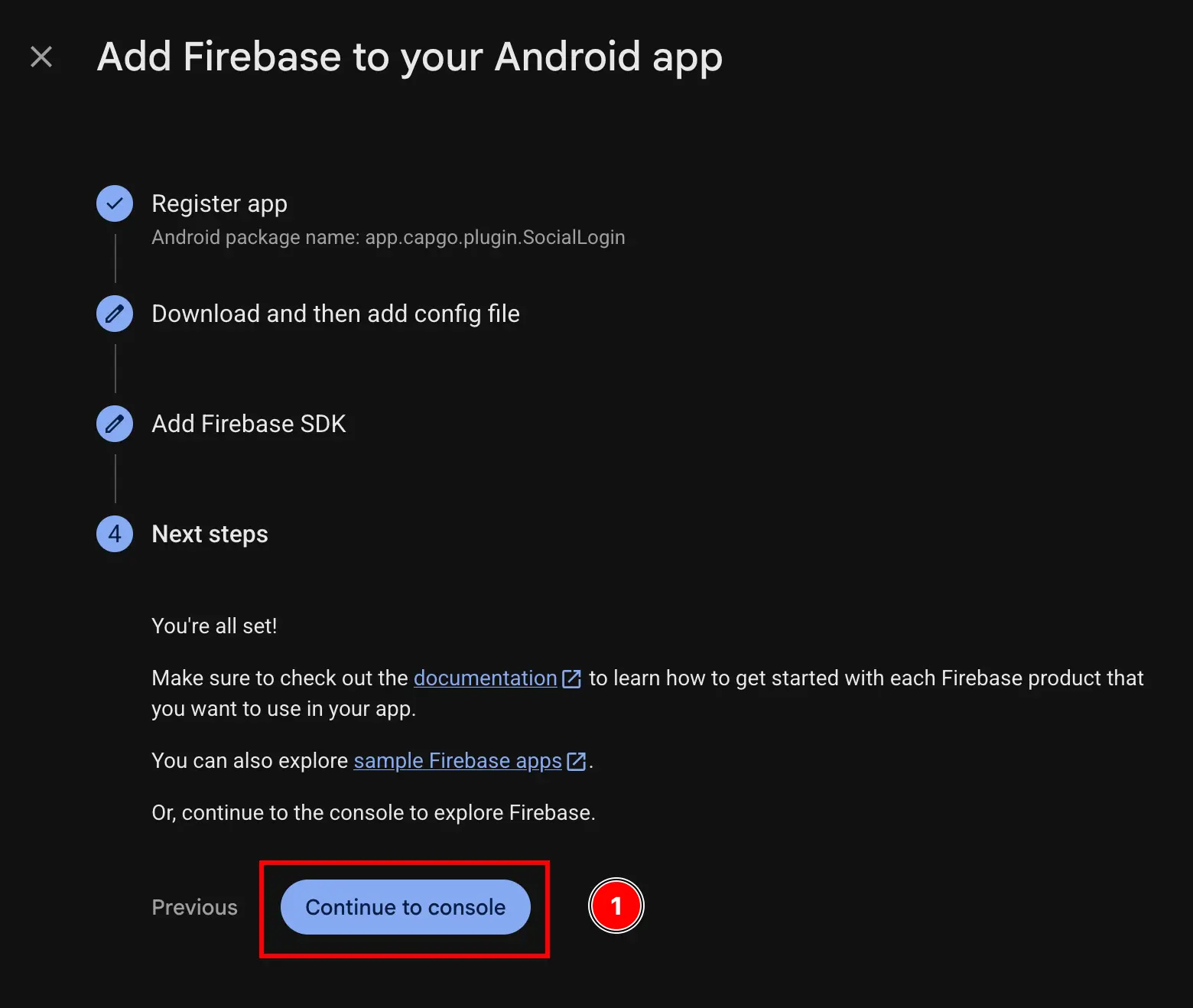 Firebase Add App Android Continue to Console Button