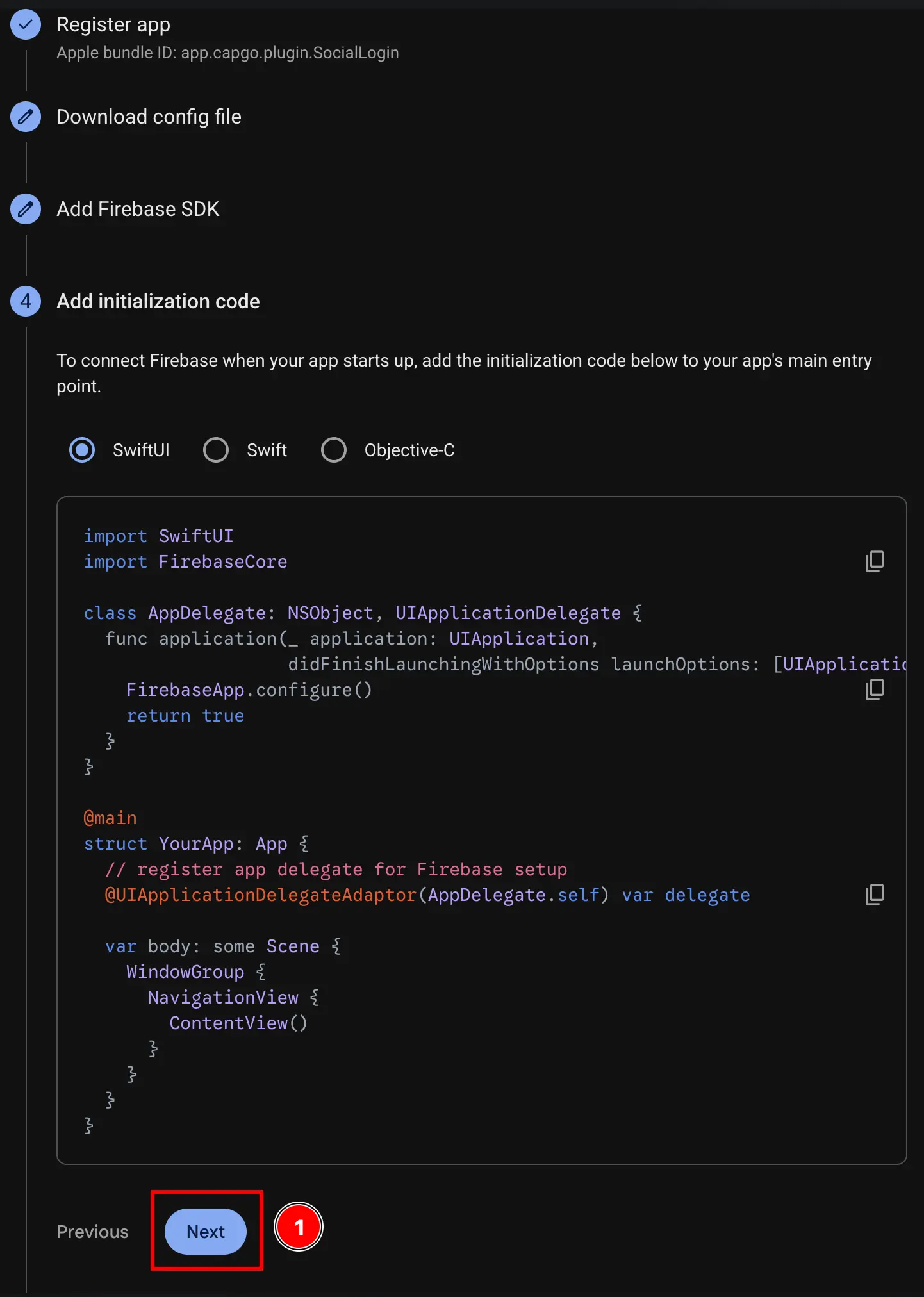Firebase Add App iOS Skip Add Initialization Code Button