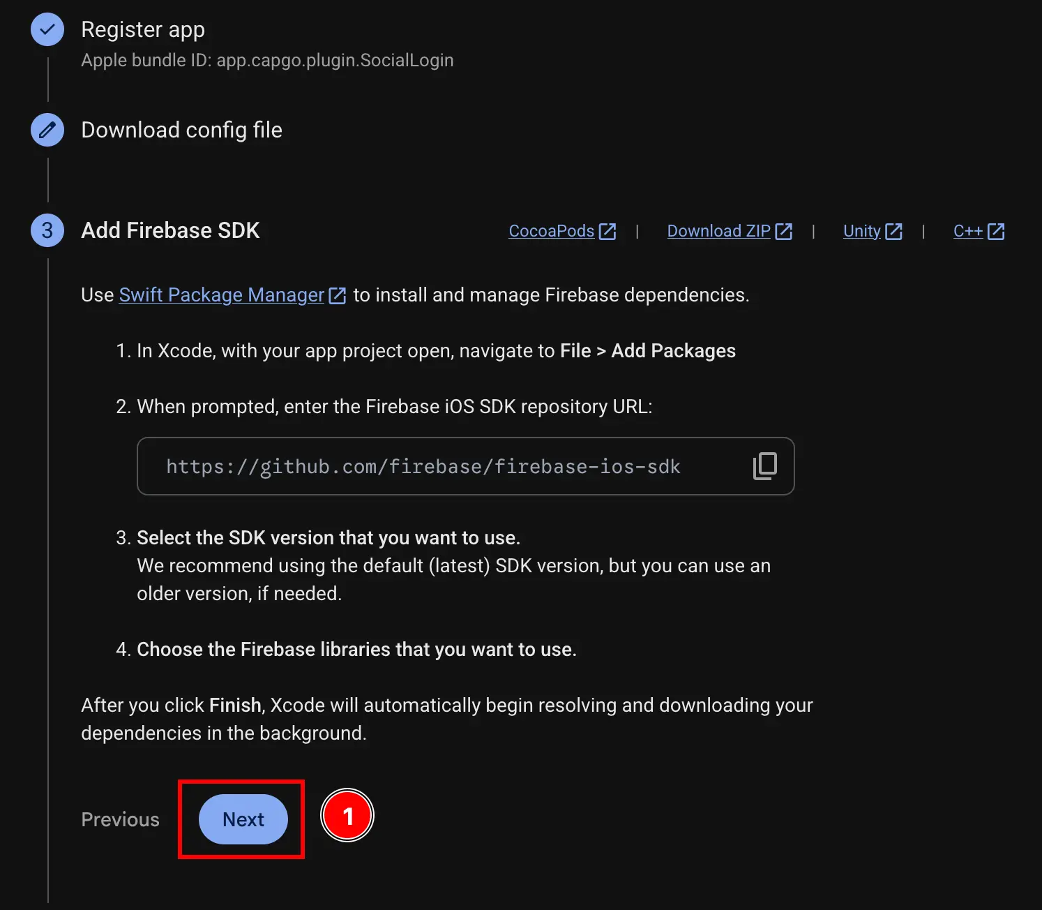 Firebase Add App iOS Skip Download Firebase SDK Button