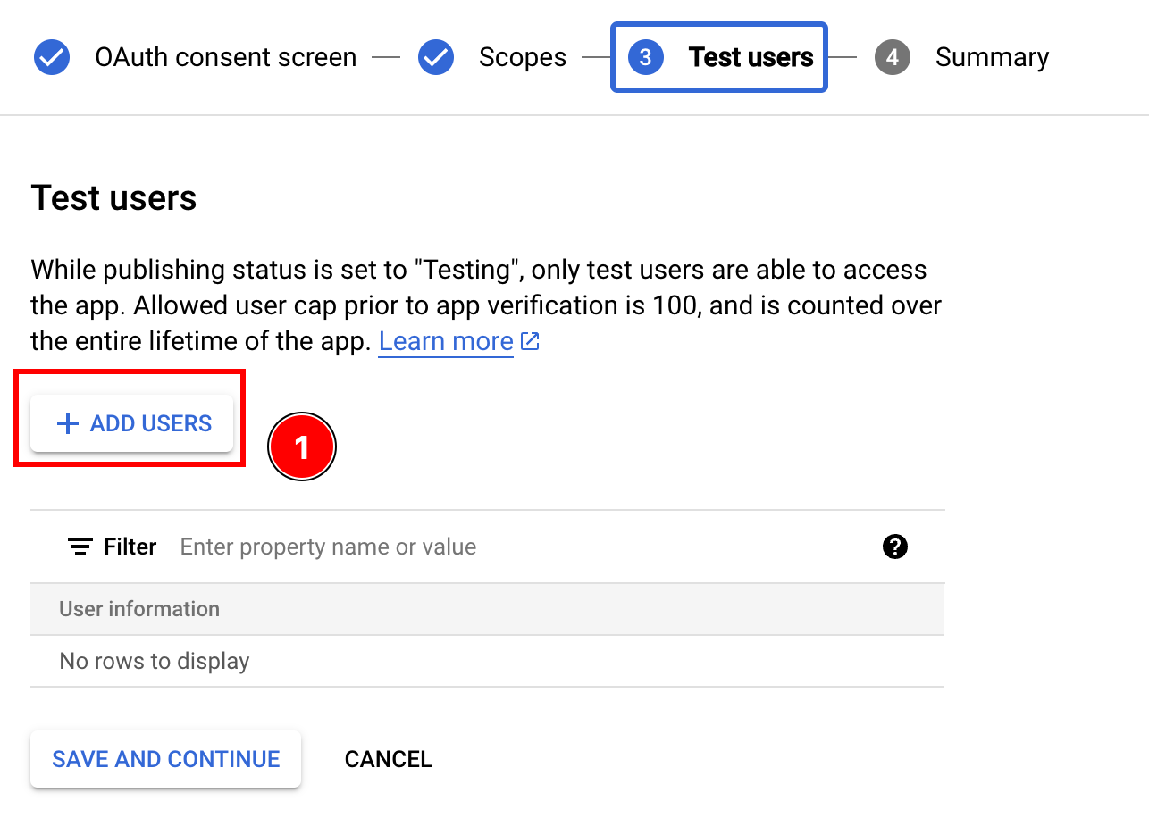 Add users button in test users section