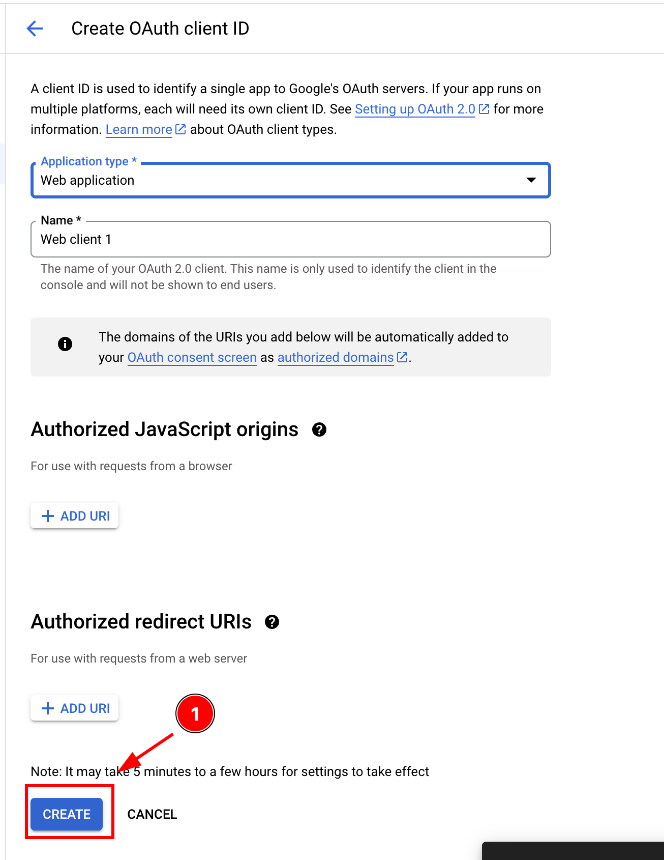Web client creation form with Create button at bottom