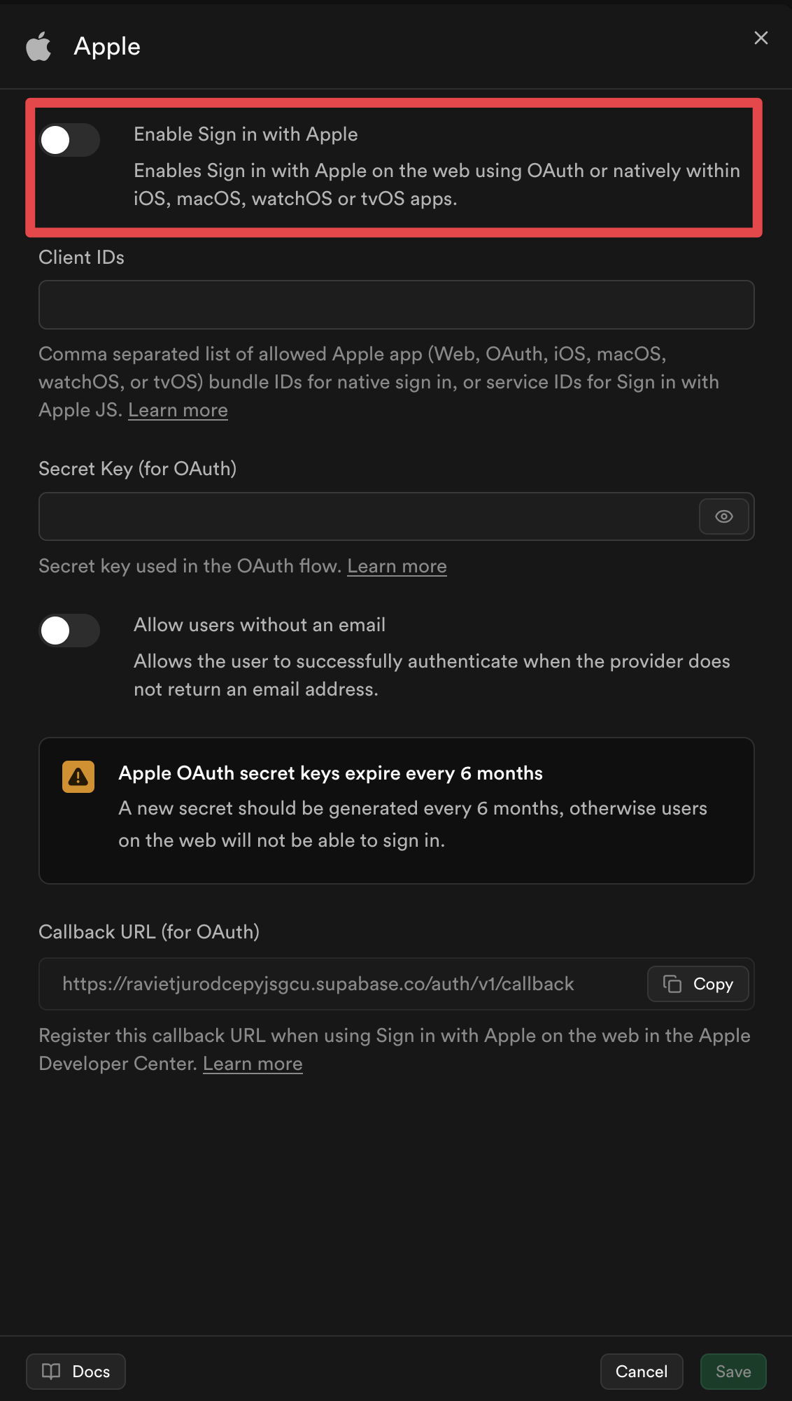 Supabase Apple-Anbieter aktivieren