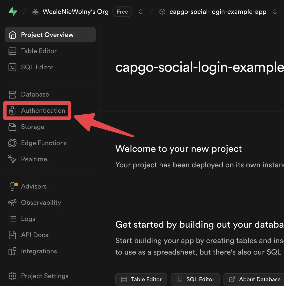 Menu d'authentification Supabase