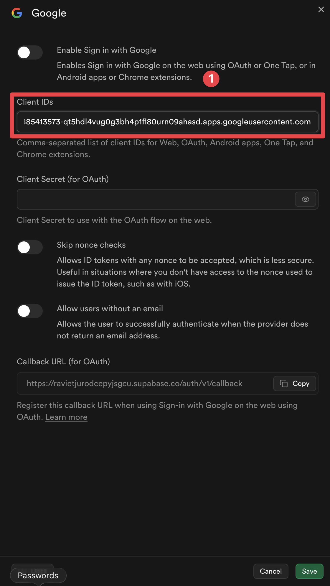 Ajout des ID client du fournisseur Google Supabase