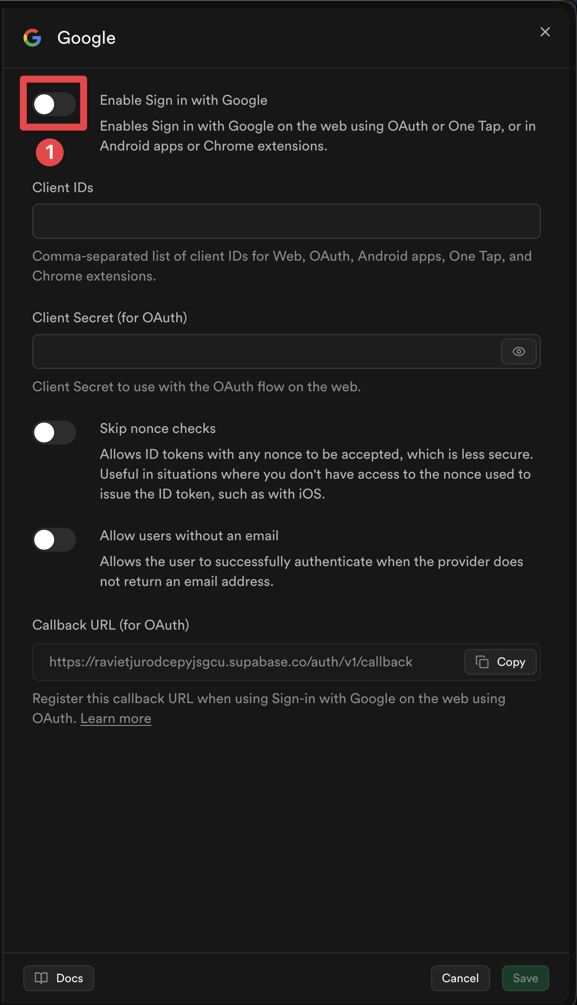 Activation du fournisseur Google Supabase