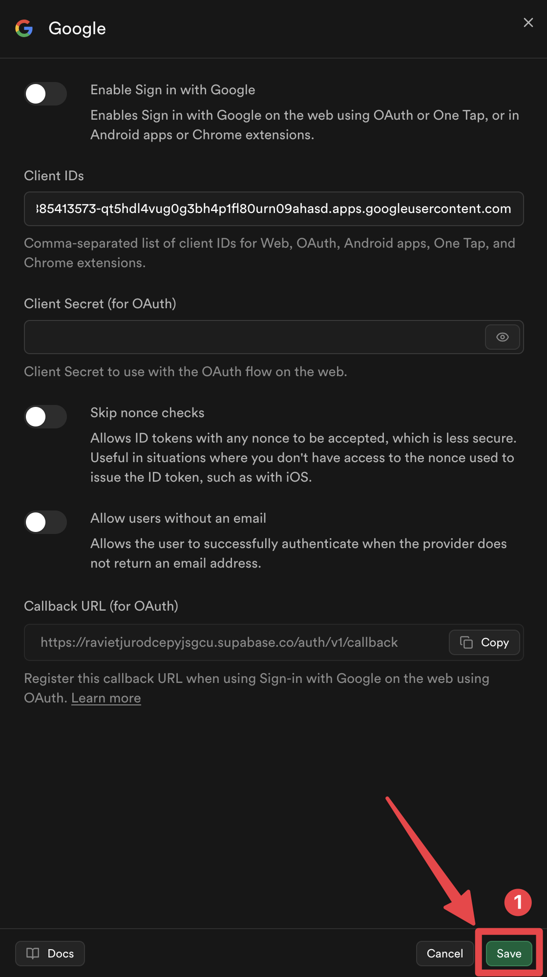 Enregistrement du fournisseur Google Supabase
