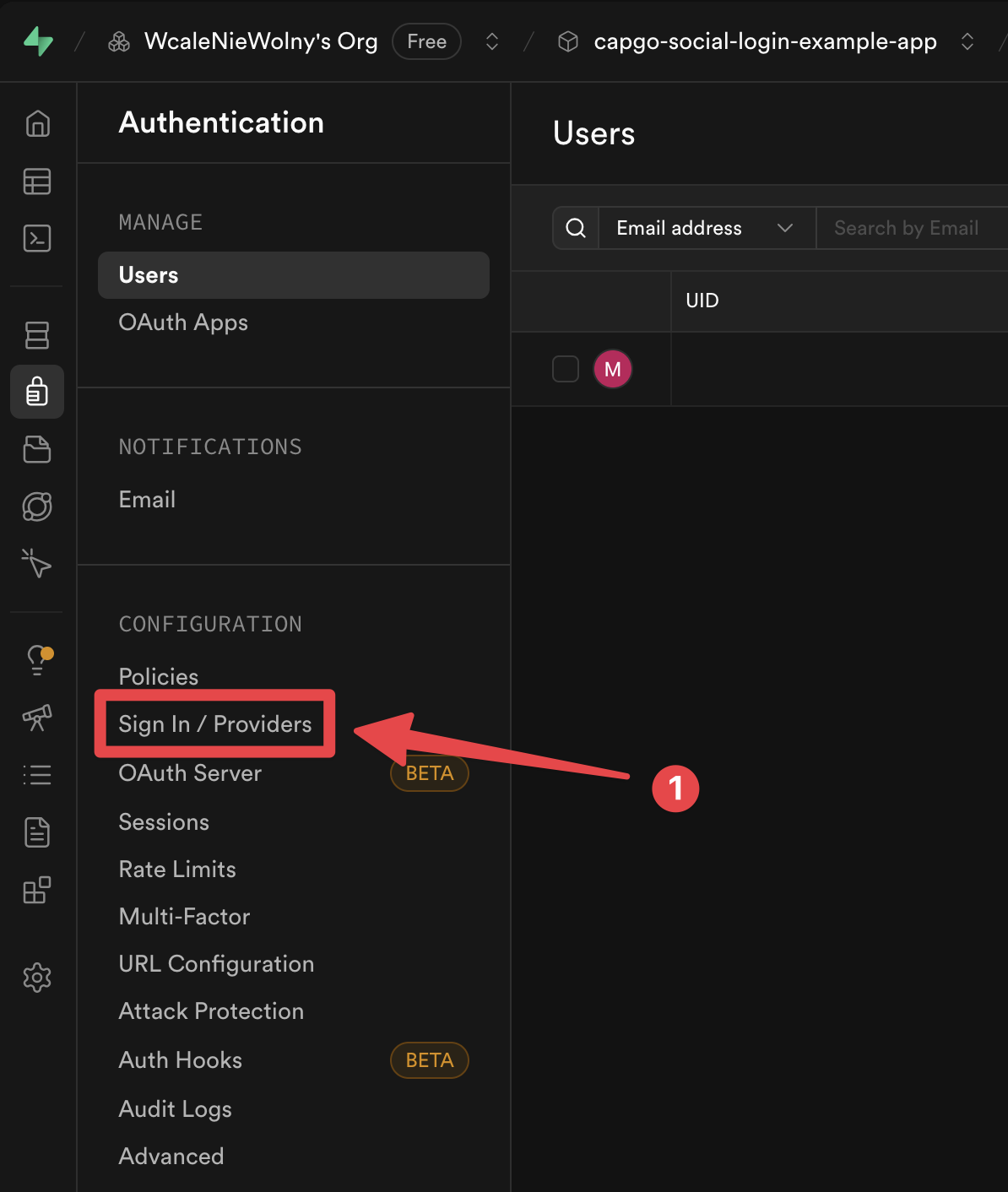 Onglet Fournisseurs Supabase