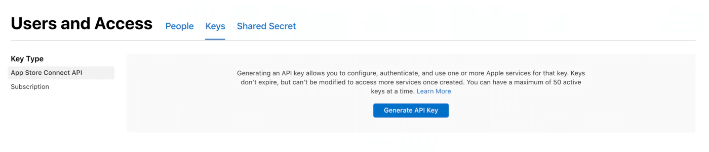 App Store Connect API keys create